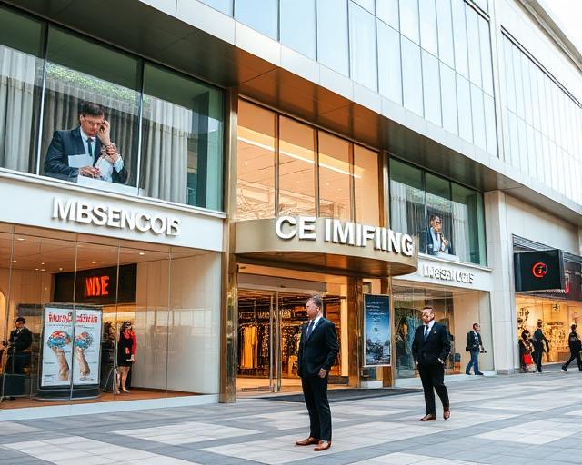 Modern shopping mall with security personnel